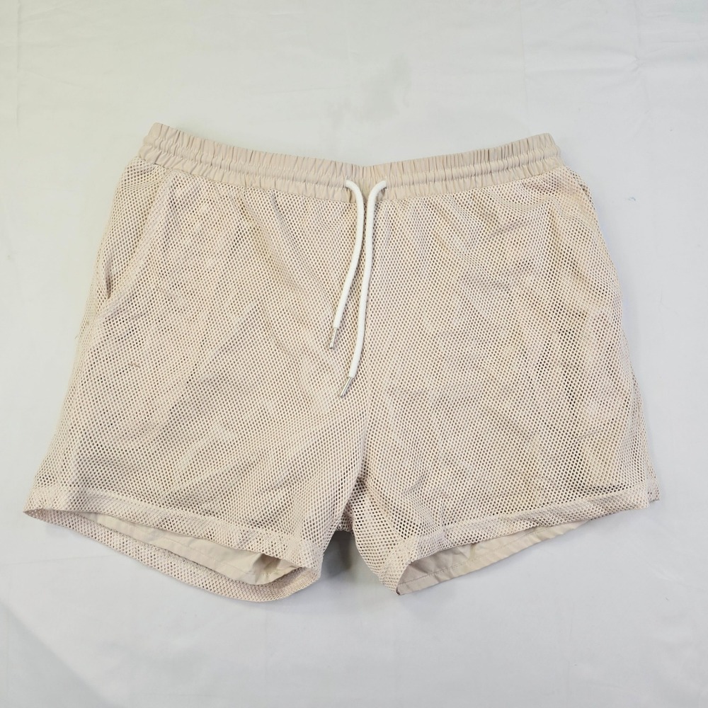 Shein Mesh Athletic Shorts Mens XXL Beige Lined Drawstring Gym Casual